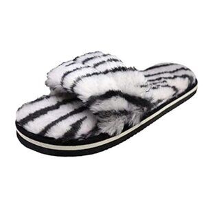 Sale Yug Trendy Cozy Furry Slippers Soft Plush Winter Footwear Black & white 6